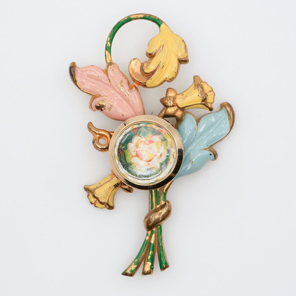 Vintage Enamel Pastel Flower Bouquet Watch Holder Brooch 1940s
